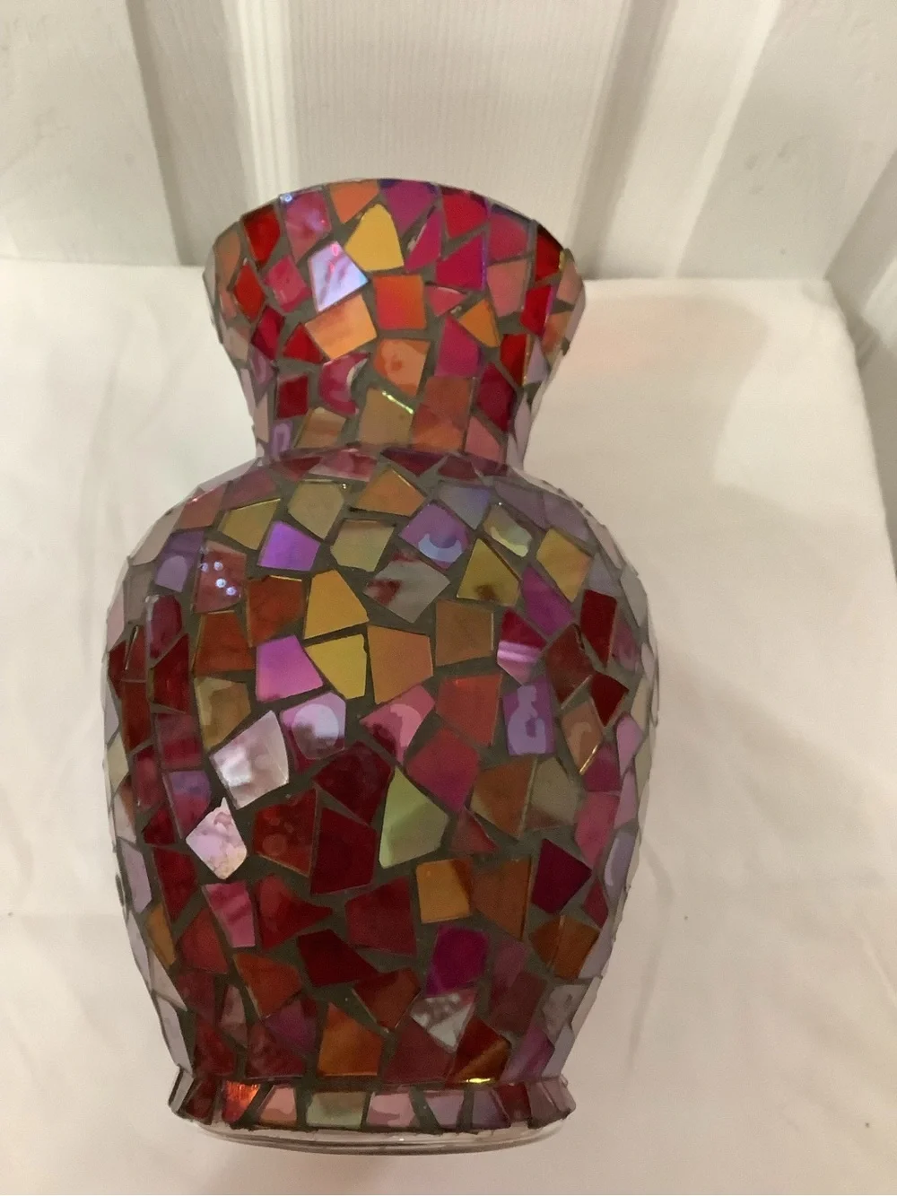 Vintage Mosaic Glass Vase in Pink, Red & Orange Tones - Picture 2 of 6